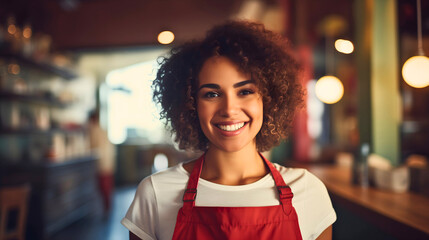 Close up photography of a young waitress with curly hair wearing a red apron, smiling and looking at the camera. Coffee shop and workers blurred in the background