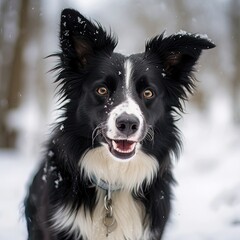 A beautiful Border Collie dog sitting in the snow. 