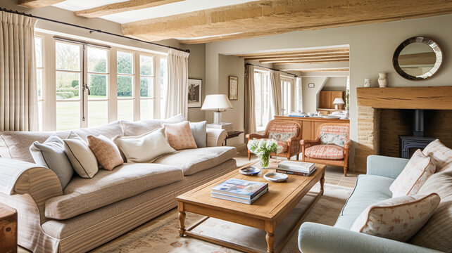 Modern cottage sitting room, living room interior design and country house home decor, sofa and lounge furniture, English Cotswolds countryside style