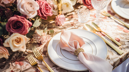 Wedding and event celebration tablescape with flowers, formal dinner table setting with roses and wine, elegant floral table decor for dinner party and holiday decoration, home styling