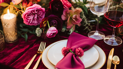 Wedding and event celebration tablescape with flowers, formal dinner table setting with roses and wine, elegant floral table decor for dinner party and holiday decoration, home styling