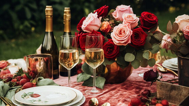 Wedding and event celebration tablescape with flowers, formal dinner table setting with roses and wine, elegant floral table decor for dinner party and holiday decoration, home styling