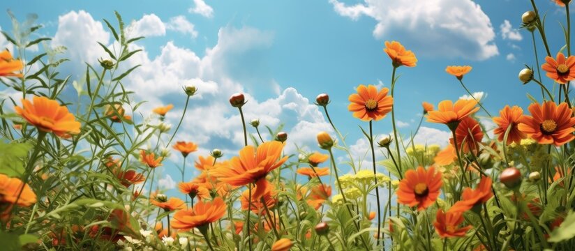 In the summer sky the vibrant blue and orange hues highlight the beauty of the blooming flowers while the lush green landscape provides a picturesque background for the garden s natural bea