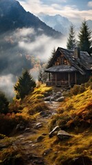 A cabin on a mountain with fog in the background