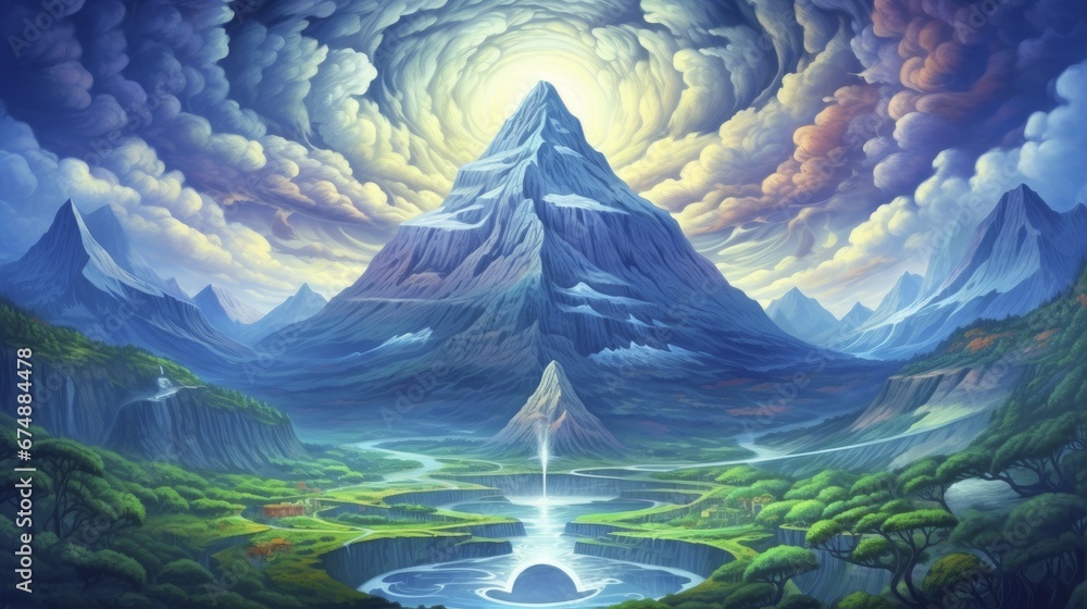 Poster swirling patterns in a cloud formation over a mountain peak