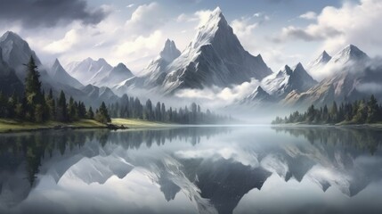 Naklejka na ściany i meble Serene mountain lake with mirror reflection
