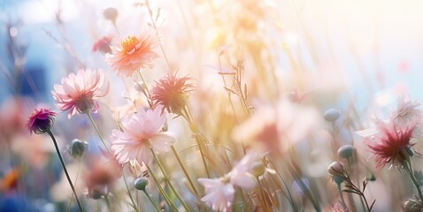 Golden hour glow: Dreamy daisies basking in soft sunlight amidst blue hues.