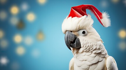 A festive cockatoo wearing a red Santa hat, capturing the spirit of Christmas against a dreamy bokeh background.