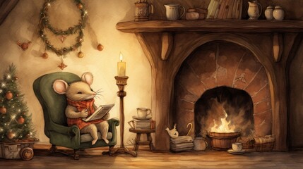 A painting of a mouse reading a book in front of a fireplace