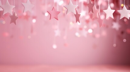 Pink New Year background of stars with copy space in stunning composition. Illustration of twinkling stars on pink end of year festivity celebration background. - obrazy, fototapety, plakaty