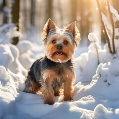 A small Yorkshire Terrier dog in a sunny winter setting.