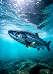 Fototapeta premium Salmon swimming in the Alaskan river. Underneath the surface shot. Ai Generative