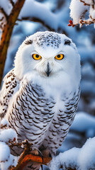 Snowy owl in the winter forest. Wildlife scene from nature.