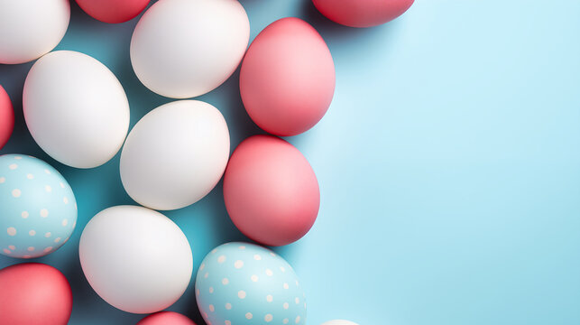 Easter eggs on pastel blue background. Minimal easter concept.
