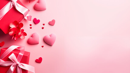 Valentine's day background with hearts and gift box on pink background