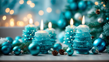 Christmas background: light blue candles and Christmas tree decorations are on the table