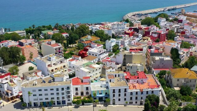 A drone shot of the Moroccan city of Tangier, which is located in front of Spain
