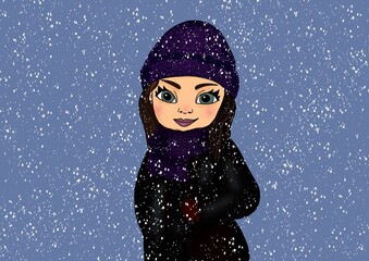  Nice girl in snow evening winter art