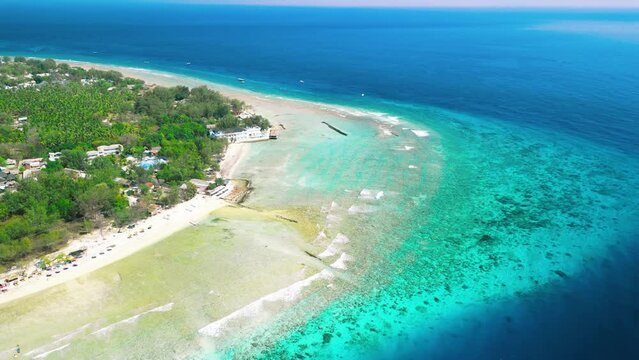 Amazing aerial view of Gili Trawangan coastline on a sunny day, Indonesia