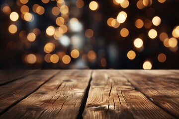 Wooden empty desk with space for importing advert of products with shiny bokeh on the backdrop. Generated AI
