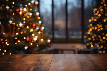 Wooden empty table with place for display products and domestic Christmas trees with large window on the background. Generated AI