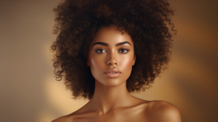 Natural Elegance: Serene African American Beauty with Flawless Skin and Afro Curly Hair on a Beige Canvas. - obrazy, fototapety, plakaty