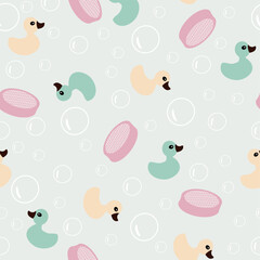 Seamless pattern with duck toys, sponges and bubbles 