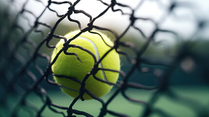 Game in Balance: Close-Up of a Tennis Ball Resting on the Net's Edge.