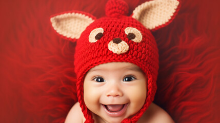 Cute little baby in Christmas reindeer hat. Christmas concept. 