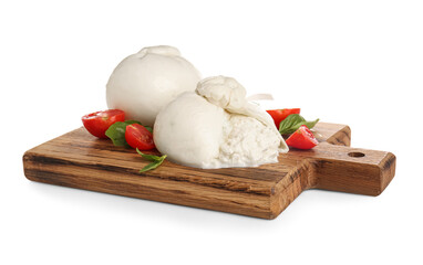 Wooden board with tasty Burrata cheese on white background