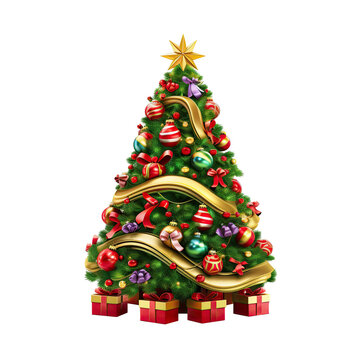 Arbol de navidad en tonos verdes con decoraciones doradas y rojas, sobre fondo transparente, png