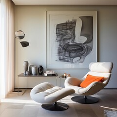 lounge chair in minimalist living room, colorful art on the wall, magazine photography