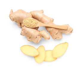Fresh ginger root and wooden spoon with dried powder on white background