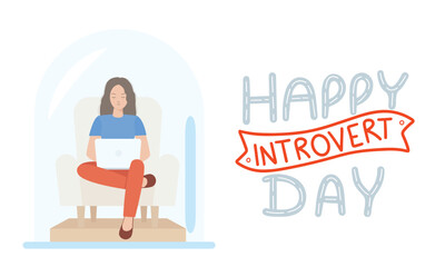 Woman work in bulb. Happy introvert Day banner. Introvert woman is working isolated. Hand drawn vector illustration.