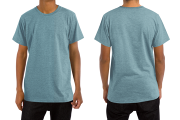 Man in blank heather arctic t-shirt, front and back views