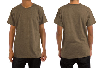 Man in blank heather army t-shirt, front and back views