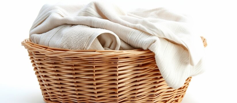Overturned laundry basket full of clothes isolated on white