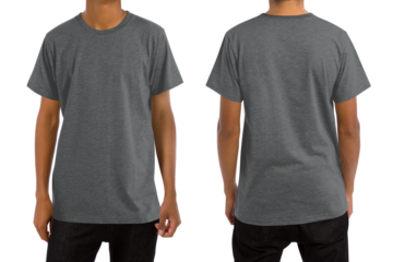 Man in blank heather charcoal t-shirt, front and back views