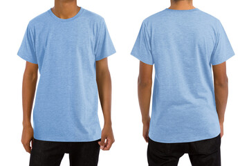 Man in blank heather light blue t-shirt, front and back views