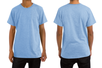 Man in blank heather light blue t-shirt, front and back views