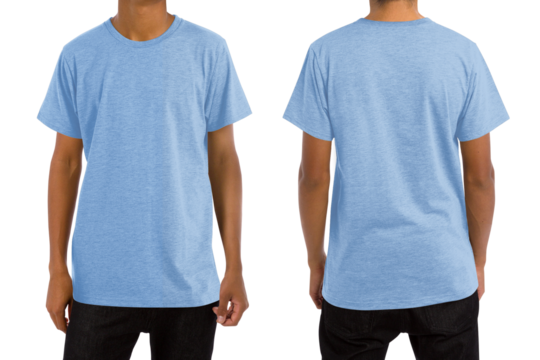 Man in blank heather light blue t-shirt, front and back views