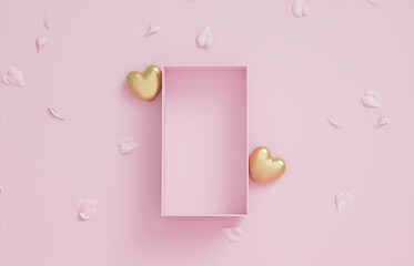 3D podium, display, background. Pink surprise, open gift box. Rose flower petals. Luxury cosmetic product presentation. Abstract, love, valentines day or woman's day. 3D render birthday mockup. - obrazy, fototapety, plakaty