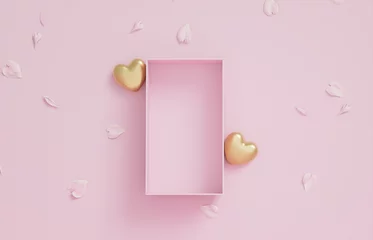 Fotobehang 3D podium, display, background. Pink surprise, open gift box. Rose flower petals. Luxury cosmetic product presentation. Abstract, love, valentines day or woman's day. 3D render birthday mockup. © kopikoo