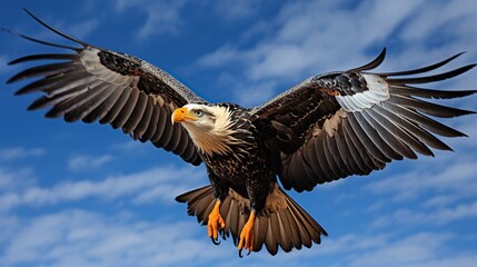 Obraz premium An adult bald eagle is gliding through a clear blue sky with its wings fully extended