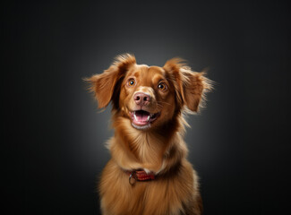 Portrait of a cute dog on a dark background. Adorable Nova Scotia duck tolling Retriever. Funny pet isolated on black. Funny New Scotland Retriever, toller puppy. - obrazy, fototapety, plakaty