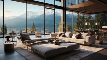 Fototapeta premium Bright bathroom interior with white tones wall, concrete floor, wooden vanity with black sink and oval mirror, white bathtub, panoramic windows.