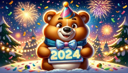 A smiling polar bear with a colorful '2024' banner surrounded by snowflakes and confetti.