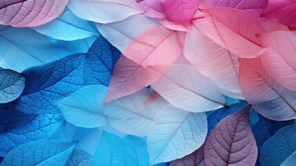Macro leaves background texture blue, turquoise, pink color. Transparent skeleton leaves. Bright expressive colorful beautiful artistic image of nature. - obrazy, fototapety, plakaty