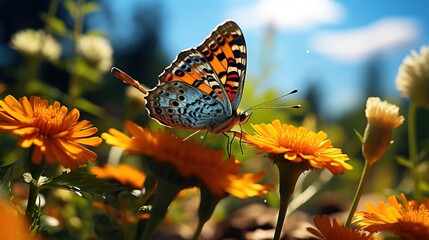 Obraz premium A photo closeup shot of a beautiful butterfly with interesting textures on an orange-petaled flower