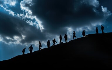 Darkness Descends: Silhouettes of a Group of People Against the Horizon with Cloud-Filled Sky